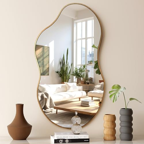 SHYFOY Großer Spiegel Asymmetrisch - Dekorative Wandspiegel mit MDF-Rückwand - Maße 110 x 56 cm - Metallrahmen - Grosser Spiegel für Wohnzimmer Flur Eingangsbereich Badezimmer, Antike Bronze