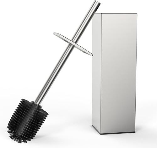 RUACQ Toilet Brush and Holder Set, Square, Brushed Nickel | SUS304 Stainless Steel Handle, Toilet Cleaner Brush with Durable Scrubbing Bristles, Splash-Proof