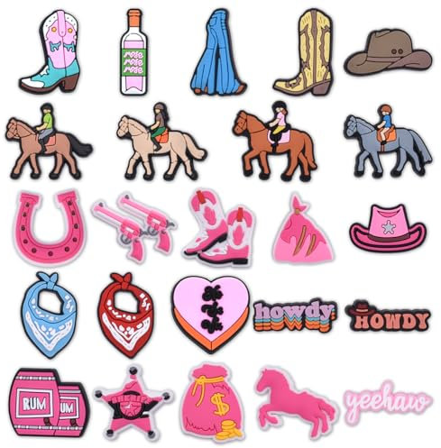 24PCS Shoes Charms Set Cowgirl Croc Charms Waterproof PVC Western Cowboy Croc Charms Bracelet Wristband Beach Bags Accessories for Girls Women Kids Adults Birthday Christmas Party's Favor