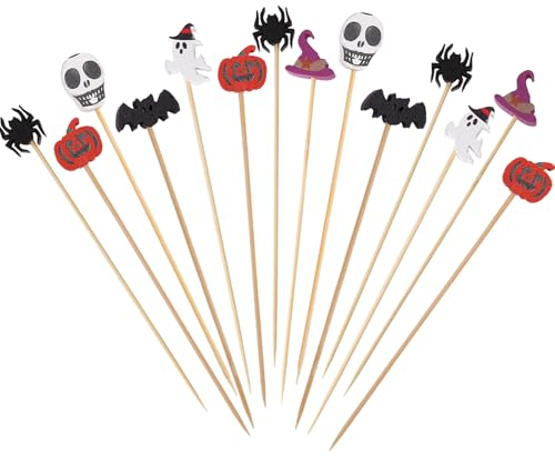 Catelves Halloween Cocktailspieße - 100 Stück Holzspieße mit Spinne, Fledermaus und Kürbis Design für Cocktail Zubehör und Fingerfood