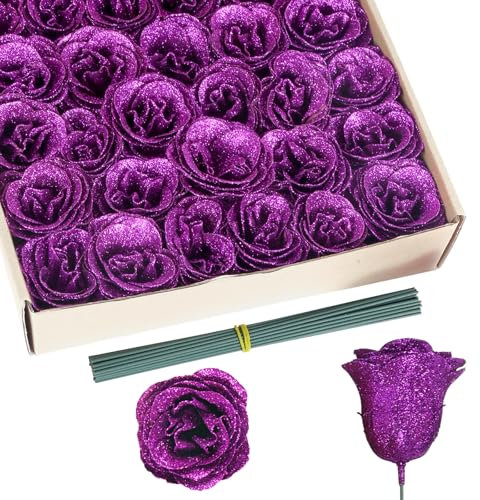 Rzoukler Glitter Roses Bouquet,30PCS Fake Purple Roses Glitter Flowers for Crafts Wedding Bouquet Party Christmas Home Decor(Dark Purple)