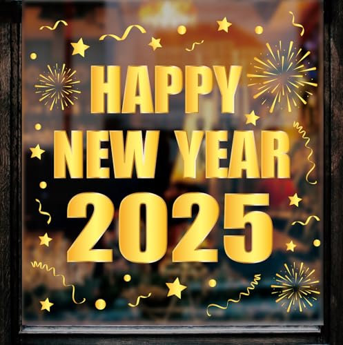 Whaline 6 Blatt 2025 Happy New Year Fensterfolie Gold Silvester Feuerwerk Wiederverwendbare Fensteraufkleber für Home Office Klassenzimmer Party Dekor