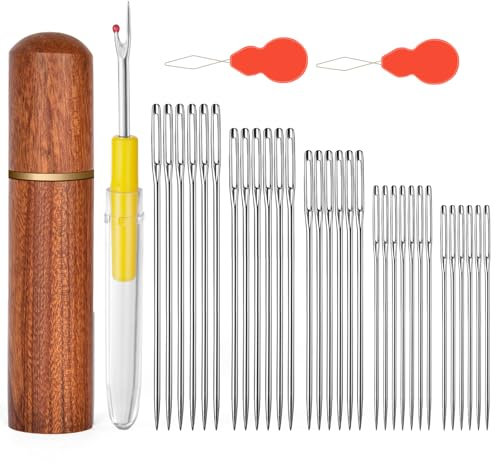 HOTUT 33 Piezas Agujas de Coser a Mano,5 Tamaños Agujas de Ojo Grande con Enhebrador,Abridor de Costuras,Surtido de Agujas para Bbordar,para Proyectos de Tejido a Mano,con Caja de Almacenaje
