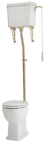 Milano Richmond Traditional High Level Cistern Toilet Brushed Brass Flush Kit White Seat