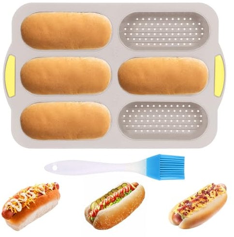 Baguette Baking Tray,bread roll baking mould,6 Cavity French Bread Pan Non-Stick Baguette Mould Perforated Baking Pan for Baking Loaves, French Breads, Breadstick, Bread Rolls (6-Grid Brown)