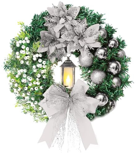 40cm Türkranz Weihnachten, Weihnachtskranz Haustür, Adventskranz Künstlich mit Laterne, Kugeln, Beeren & Schleifen, Türkranz für Weihnachten, Innen & Außen (Silber)