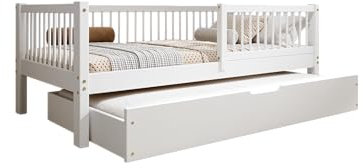 TIMBEE - Alfi Duo - Kinderbett 80x160 mit Schublade - Doppelbett Weiß - Bett für Kinder mit Lattenrost und Rausfallschutz Abnehmbar - Belastbar bis 100 kg - aus Kiefernholz Klasse 1
