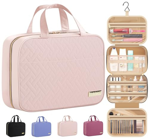 HOTOR Hanging Travel Toiletry Bag Women Essentials,Makeup Wash Bag | Big Comparment Waterproof Travel Accessories, Holiday, Ladies Foldable Cosmetic Bag, Gift, Pink, 28.4 x 22.6 x 8.1cm