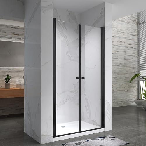GINA-BLACK Porte de douche H.195 cm, largeur réglable 104 à 108 cm, verre transparent 6 mm, anticalcaire, profilés alu noir