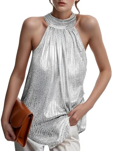 Damen Pailletten Tops Ärmellose Neckholder Oberteil Party Club Tank-Tops Vest Shirt Camisole Trägershirt für Frauen (DE/NL/SE/PL, Alphanumerisch, L, Regular, Regular, Silber)