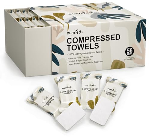 Ourmed Life Compressed Towel, Disposable Washcloths, 12 x 10 Inch, 56 Count | Travel Essential, Individually Wrapped, Biodegradable, Expand with Water, Lint-Free, Dry & Wet Use,Camping and Hiking