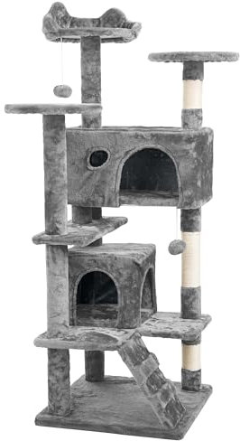 Crystals 138cm Cat Tree Tower – Multi-Level Activity Centre with Scratching Posts, Condos, Ladder & Platforms – Sturdy Cat Climbing House for Indoor Kennel & Platforms for Cats (Light Grey)