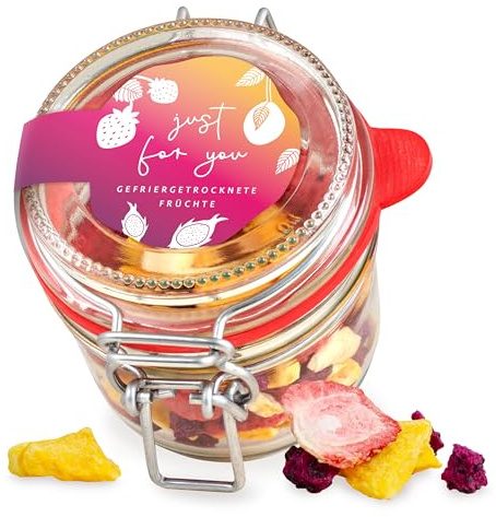 Gefriergetrockneter Früchte-Mix im Glas – wiederverschließbares Geschenk-Glas mit Erdbeere, Mango & Drachenfrucht, vegan und ohne Zusatzstoffe