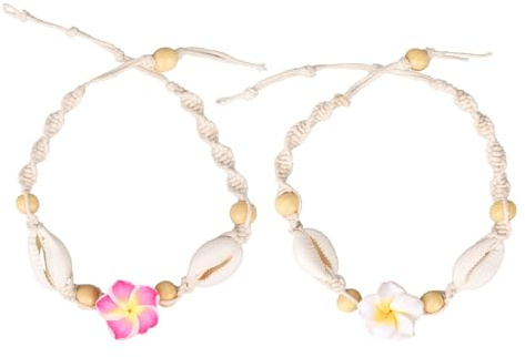 Mikovivi 2stk Hawaiianische Plumeria Rubra-Fußkettchen, Verstellbare Freundschaftsarmbänder Tropischen Blumen Muschel Böhmische Luau-Fußschmuck-Geschenke Damen-Sommer-Strandparty-Dekorationszubehör