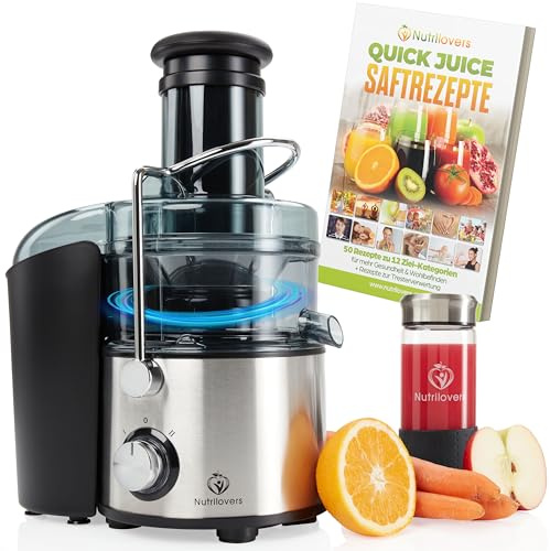 Nutrilovers Entsafter QUICK-JUICER MAX Zentrifugal-Entsafter Obst und Gemüse entsaften, 800W, XXL Einwurf, Edelstahl-Sieb, Externer Tresterbehälter, BPA-frei inkl. Trinkflasche + Rezeptbuch