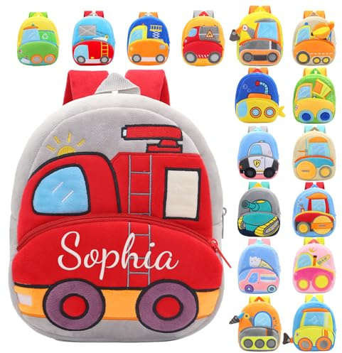 Generisch 3D Cartoon Kinderrucksack, Personalisierbar mit Namen, 35x25x10 cm, Nylon, Gelb-Orange, 12L Volumen, 2 Fächer, Auto-Design für Kleinkinder (Feuerwehr)