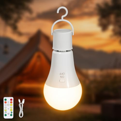 Kimjo E27 7 W Rechargeable Light Bulb with Remote Control, 3 Color | Dimmable, Battery Operated Light Bulb with Hook, Botton Control, Timer, A19 Wireless Light Bulb for Lamp Camping