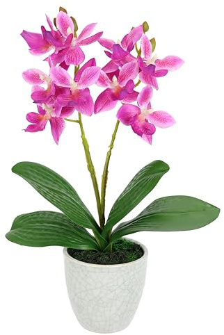 Kunstblume Orchidee 30cm mit Blätter im Topf Künstliche Blume Kunstorchidee Phalaenopsis mit Übertopf Kunstpflanze Hochzeit Deko Dekoblume Seidenblume Real Touch Blüte
