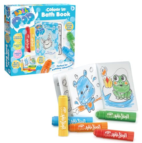 Bath Pop Colouring Book and 5 Bath Sticks - Washable Paint Set Bath Toy | Kids Water-Resistant Drawing Album with Easy Clean Crayons for Tub Wall Tiles Reusable Creative Gifts for Babies Toddlers