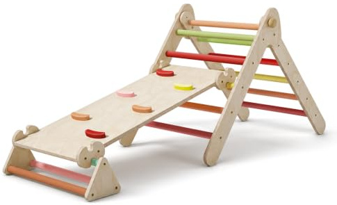 COSYLAND Klettergerüst Indoor, 3-in-1 Kletterdreieck mit Rutsche, Faltbar | 6 Spielmöglichkeiten, doppelseitige Rutsch- und Kletterrampe, faltbar, für 1–6 Jahre, bis 81,6 kg, Sprossenabstand unter 8 cm