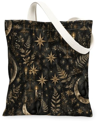Star Canvas-Tragetasche für Damen, Gothic, mystischer Mond, Katze, Halloween, schwarz, waschbar, wiederverwendbar, Einkaufstaschen, Ideen für den Außenbereich, Schwarz, 13x15 Inch