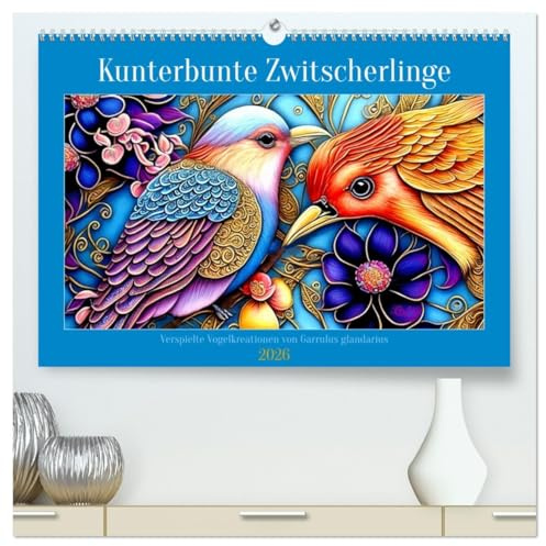 Kunterbunte Zwitscherlinge (hochwertiger Premium Wandkalender 2026 DIN A2 quer), Kunstdruck in Hochglanz: Kunstvolle Vogeldarstellungen (CALVENDO Tiere)