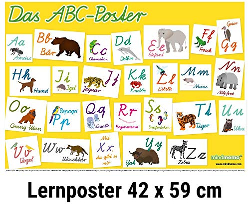 mindmemo Lernposter - Das Tier ABC Poster für Kinder in Schreibschrift Schulausgangsschrift Alphabet spielend lernen mit Bildern Lernhilfe DIN A2 ... Lernen ganz einfach - DinA2 PremiumEdition