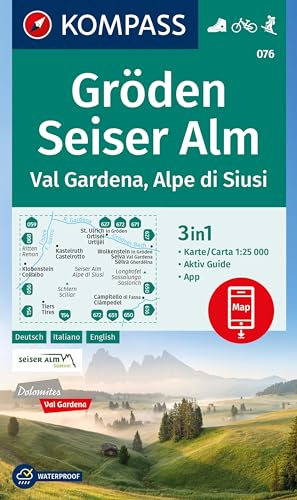 KOMPASS Wanderkarte 076 Gröden, Seiser Alm / Val Gardena, Alpe di Siusi 1:25.000: 4in1 Wanderkarte mit Aktiv Guide und Detailkarten inklusive Karte ... Fahrradfahren. Skitouren. Langlaufen.