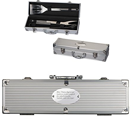 Grillkoffer aus Metall mit Gravur / mit Grillzange, Fleischwender und Grillgabel