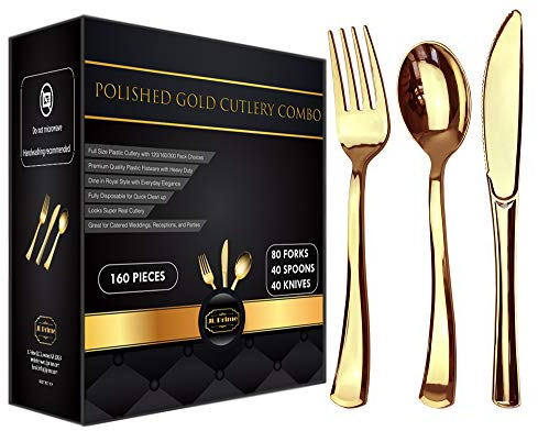 JL Prime 160 Gold Reusable Plastic Silverware Set, Gold Plastic Cutlery Set, Heavy Duty Utensils for Party & Wedding, Gold Plastic Flatware, 80 Plastic Forks, 40 Plastic Spoons, 40 Plastic Knives