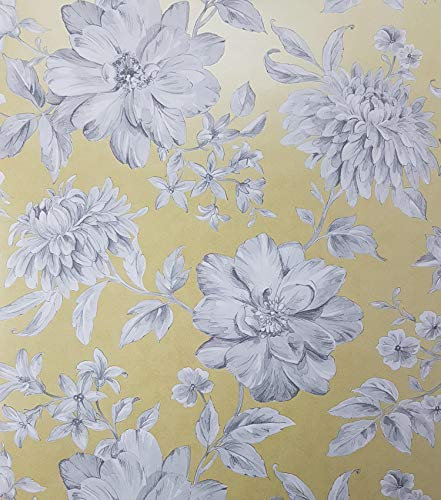Yellow Floral Wallpaper White Grey Flowers Pearlescent Metallic YöL Lucia