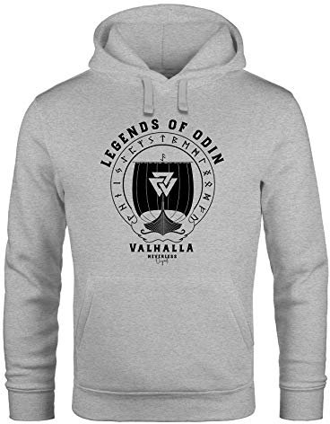 Neverless® Hoodie Herren Print Legends of Odin Valhalla Vikings Wikinger Kapuzen-Pullover Männer grau 4XL