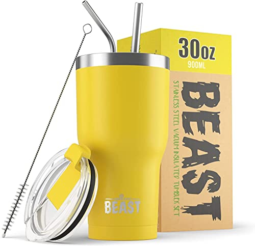 Beast Thermobecher 900 ml - Zitrone I Mehrweg Thermo Kaffeebecher To Go mit 2 Strohhalmen & Reinigungsbürste I Doppelwandiger Trinkbecher aus Edelstahl I Perfekt für Kaffee oder Eiskaffee I BPA-frei