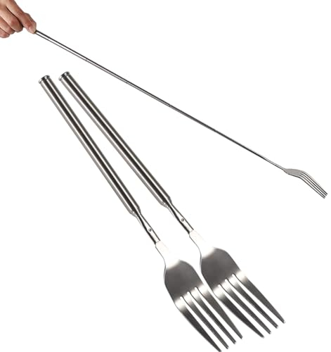Agatige Stainless Steel Extendable Fork, 8.7 to 25.4 Inch Telescoping Barbecue Forks Marshmallow Toasting Forks Tableware BBQ Roasting Sticks for Eating Toasting Barbecue Camping