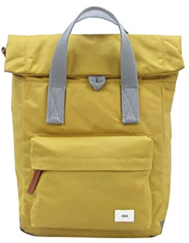 ROKA London Canfield B Small Sustainable Nylon Backpack (Corn) | Compact roll top backpack with wide zip opening, tablet storage, secret pocket, side pockets and adjustable shoulder straps