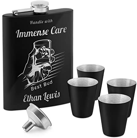 Maverton Hip Flask with Funnel for Man - Engraved Matt Pocket Flask for Liquor - for Father’s Day - Stainless Steel Flask with 4 Cups - Customised Gadget for him - for Birthday - Glass
