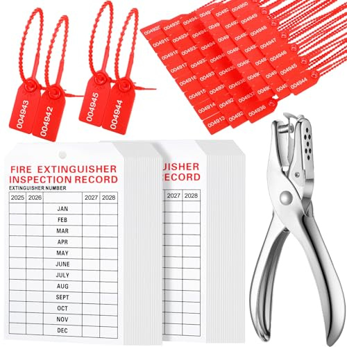 Lot de 101 étiquettes d'inspection mensuelles pour extincteur d'incendie 2023 - Étiquettes de sécurité numérotées en plastique avec perforateur portatif (rouge, blanc, 12,7 x 8,3 cm)