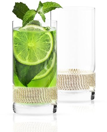 Berkware Luxurious Highball Cocktail Glasses - Sparkling Diamond Studded Collins Glass - 16oz, Set of 2