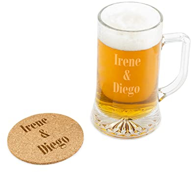 Regalo Original - Jarra Cerveza con Posavasos Personalizados - Vidrio Grabado - 50 cl - Color Transparente - Nombre o Mensaje