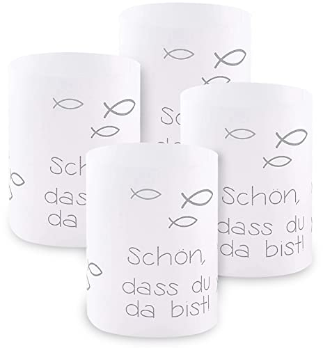 Windlicht Fisch Deko, 8 Stück Mini Tischlichter Kerzen Deko als Tischdeko für Junge und Mädchen Kommunion Konfirmation Taufe Teelichter I Schön DASS du da bist I ca. 8,0 x 10,0 cm (Grau)