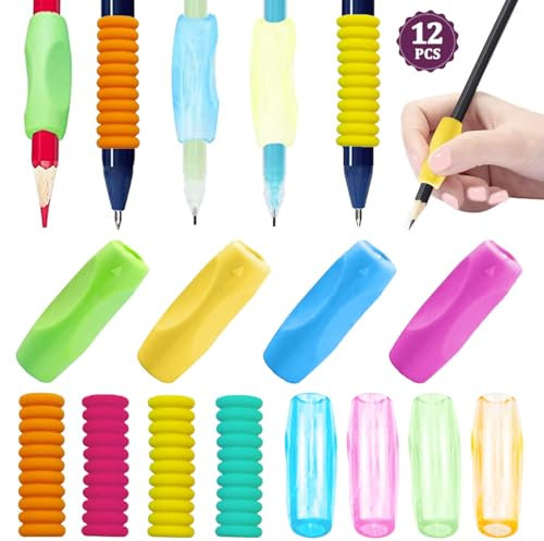 Devenirriche 12 Pack Multicolor Pencil Grips, Children's Silicone Finger Grips Holder Foam Pen Holder Non Slip Pen Gripper, Writing Pencil Training Grip for Toddlers, Students and Adult