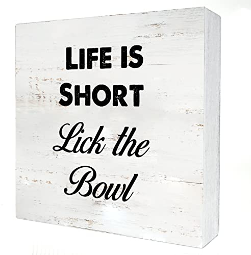 Lustiges Küchenschild, Holzbox, Schreibtisch-Dekoration, Life is Short Lick the Bow, Holzblock, Plakette, Schilder mit Zitaten, Regal, Tischdekoration (12.7x12.7 cm)