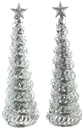 FRANK FLECHTWAREN Tanne Silbersternchen, 2er Set, Dekotanne, Weihnachtsdeko, Metallkegel, Kunststoffverzierung, Maße: Höhe 30 cm