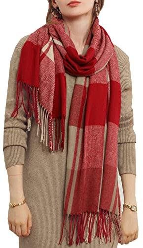 HYUET Winter Pashmina Schal Schal Damen Plaid Elegant Lange Weiche Warme Wickelschals Tartan Tartan Wrap Strickschal Winter Poncho Stola Pashmina für Damen Herren,Rot,65 * 185 cm