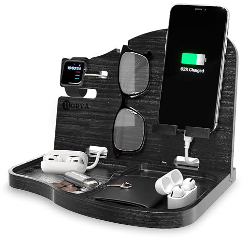BarvA Wood Docking Station Nightstand Organizer Phone Wallet Watch Stand Key Holder Bed Caddy Charging Dock Desk Accessories Bedside Caddy Birthday Gifts for Men Home Organization Side Table