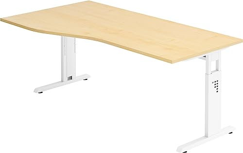 bümö höhenverstellbarer Schreibtisch O-Serie 180x100 cm in Ahorn, Gestell in weiß - großer PC Tisch für's Büro manuell höhenverstellbar, Computertisch verstellbar