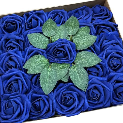 Haobase Rose artificiali, 25 rose finte in schiuma dall'aspetto reale, per bouquet fai da te, matrimoni, centrotavola, decorazioni per la casa (blu scuro)