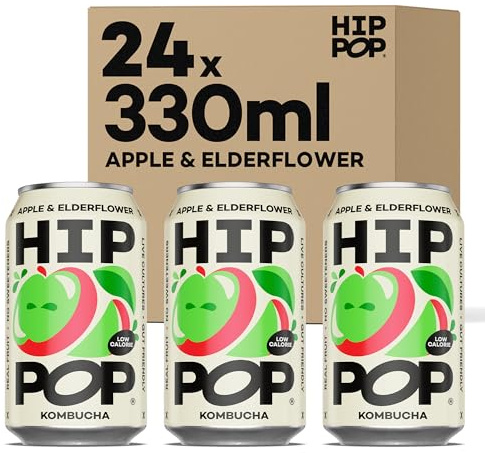Hip Pop Kombucha, Apple & Elderflower, Low Calorie, 100% Natural, Vegan, Branding of Cans May Vary, 24 x 330 ml