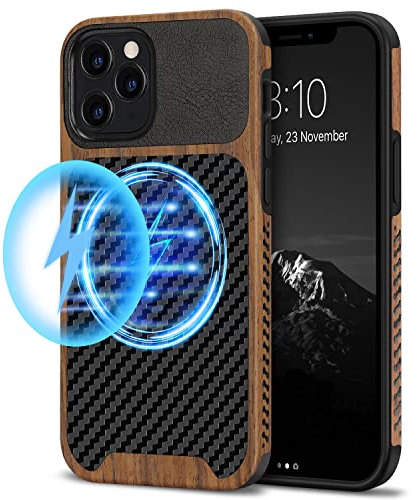 TENDLIN Magnetic Case Compatible with iPhone 12 Case/iPhone 12 Pro Case Wood Grain with Carbon Fiber Texture Design Leather Hybrid Slim Case (Compatible with MagSafe) Black