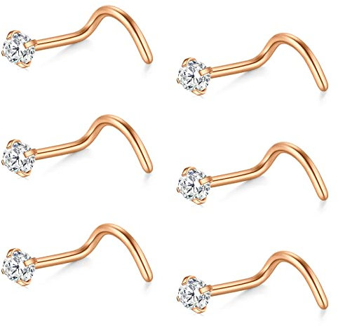 AceFun 22G 20G 18G 16G Piercing Nez Studs en Spirale Acier Inoxydable Anneaux de Nez 6Pcs 1.5/2/2.5/3mm de CZ Bijoux de Piercing pour Femmes Hommes Argent Or Rose Or